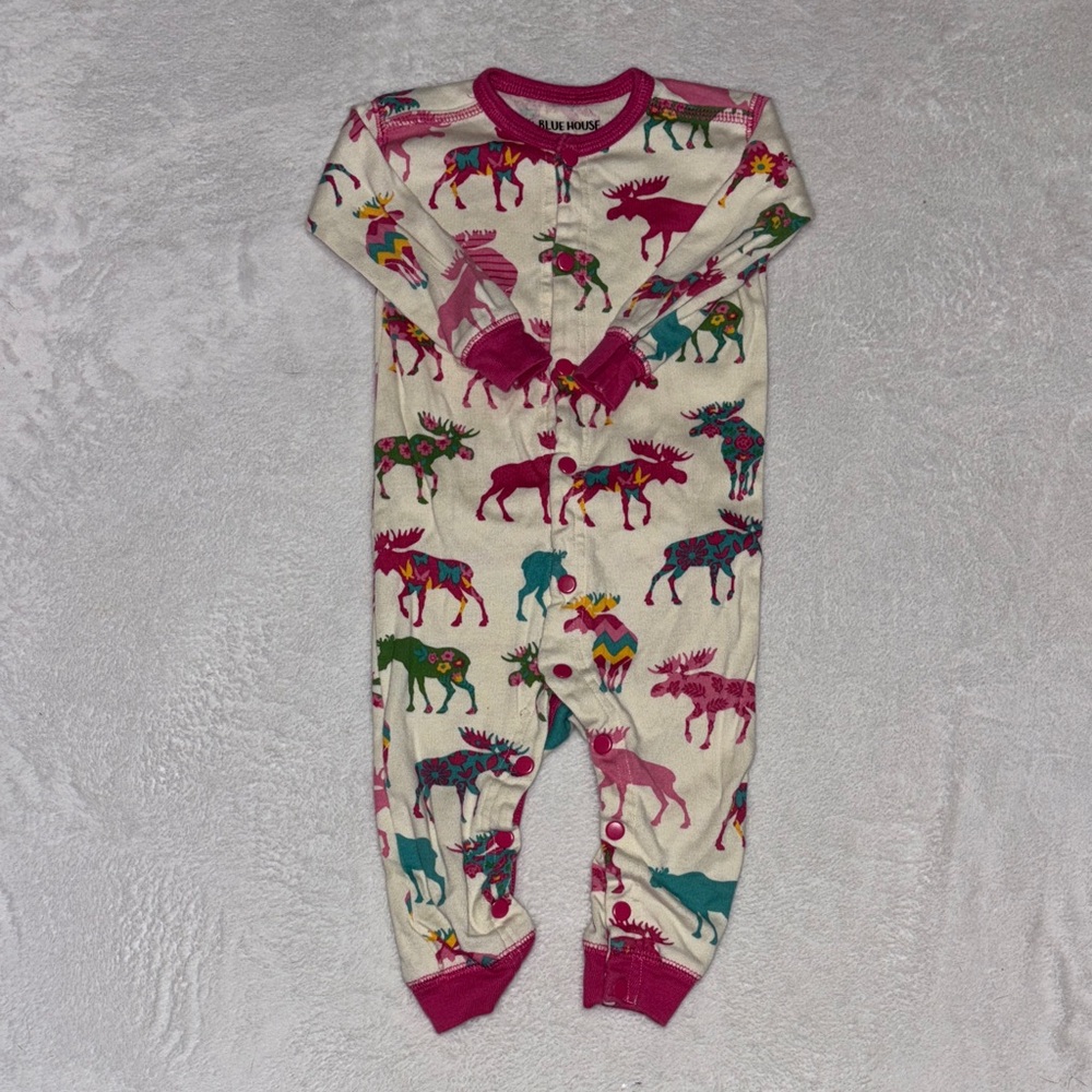 Little Blue House Pink and Green Moose Print Kids Footie 6-12 months